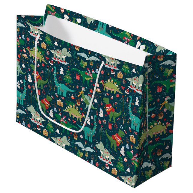 Festive Dinosaurs Christmas Pattern Large Gift Bag (Front Angled)