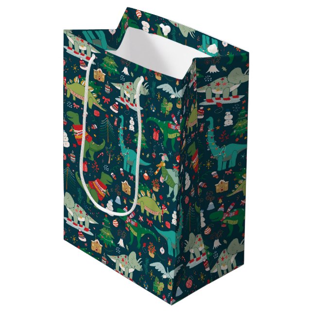 Festive Dinosaurs Christmas Pattern Medium Gift Bag (Front Angled)