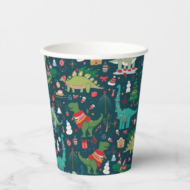 Festive Dinosaurs Christmas Pattern Paper Cups (Front)