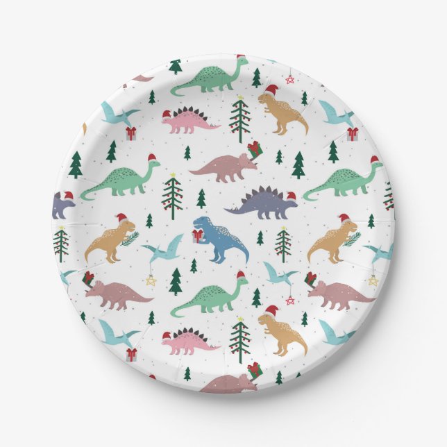 Festive Dinosaurs Christmas Pattern Paper Plate (Front)
