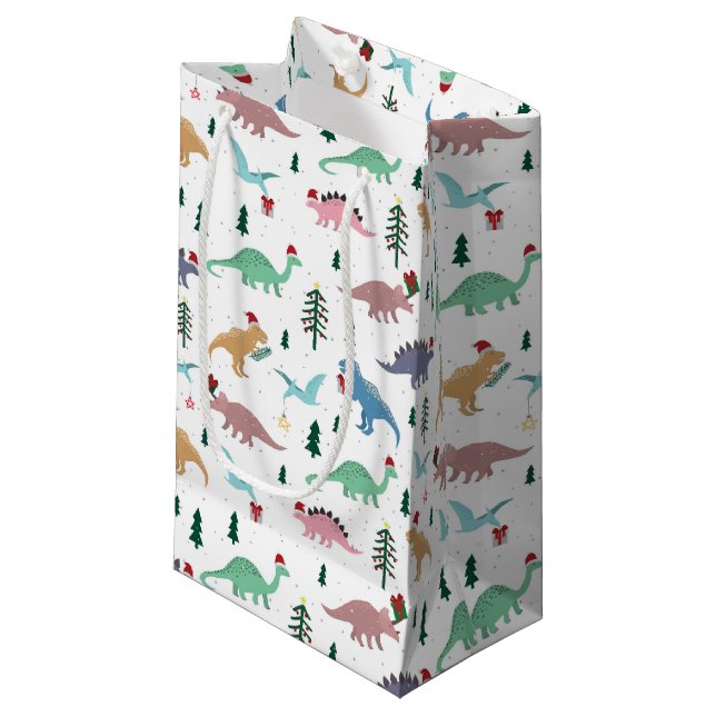 Festive Dinosaurs Christmas Pattern Small Gift Bag (Front Angled)