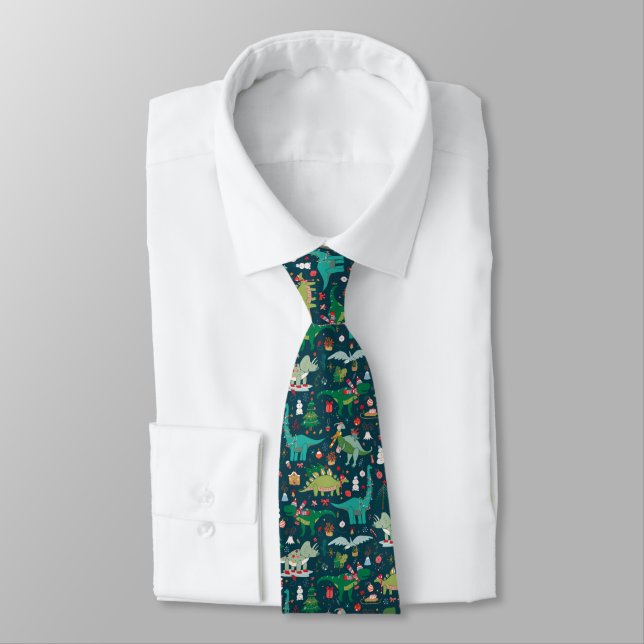 Festive Dinosaurs Christmas Pattern Tie (Tied)