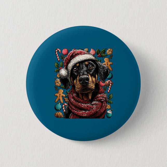 Festive Doberman With Santa Hat Snowy Winter Chris 6 Cm Round Badge (Front)