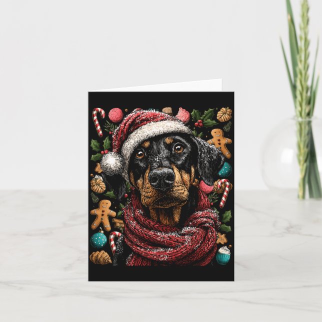 Festive Doberman With Santa Hat Snowy Winter Chris Card (Front)