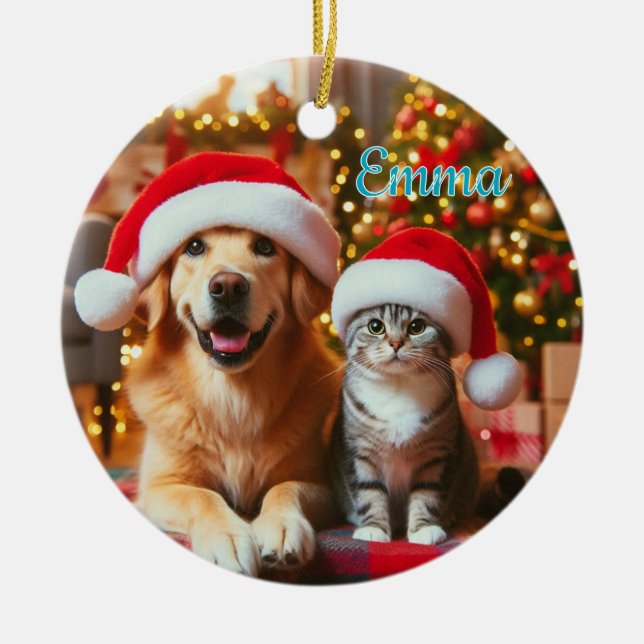 Festive Dog and Cat Christmas Ceramic Tree Decoration (Front)