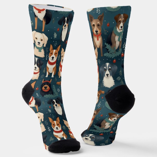 Festive Dog Breeds Christmas Socks (Angled)