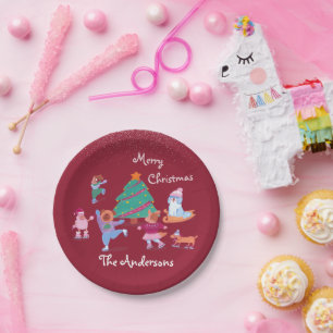 Festive Dog Ice Skating Name Red Christmas Dinner Paper Plate
