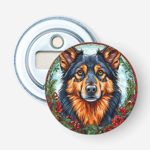Festive Dog in a Christmas Floral Wreath Bottle Opener