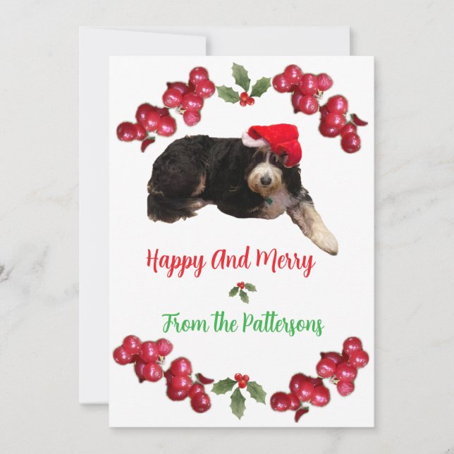 Festive dog wearing a Santa Hat Flat Holiday Card (Front)