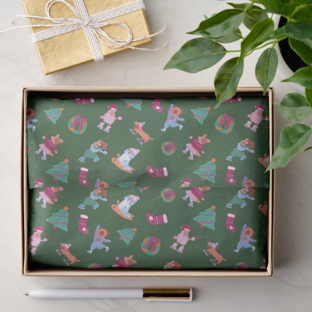Festive Dogs Ice Skating Pattern Christmas Green Tissue Paper (Gift)
