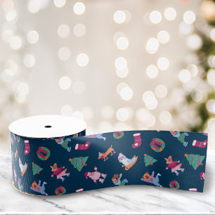 Festive Dogs Ice Skating Pattern Dark Blue Grosgrain Ribbon