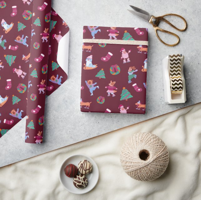 Festive Dogs IceSkating Pattern Dark Red Wrapping Paper (Crafts)