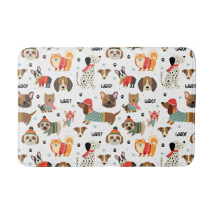 Festive Dogs in Holiday Sweaters Pattern Bath Mat