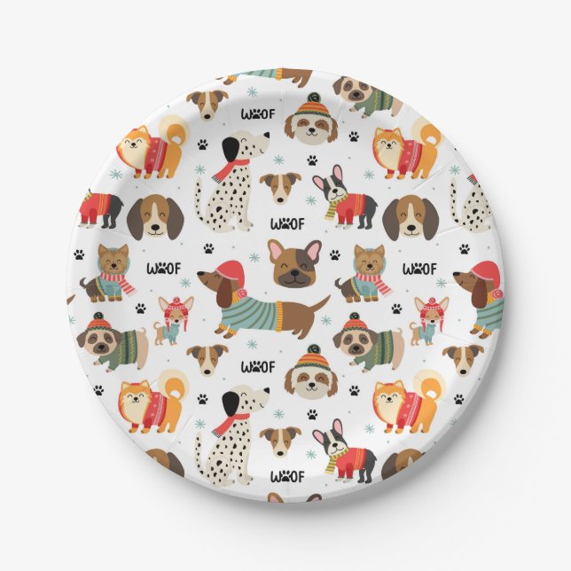 Festive Dogs in Holiday Sweaters Pattern Paper Plate (Front)