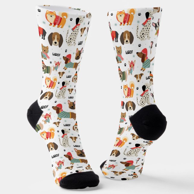 Festive Dogs in Holiday Sweaters Pattern Socks (Angled)