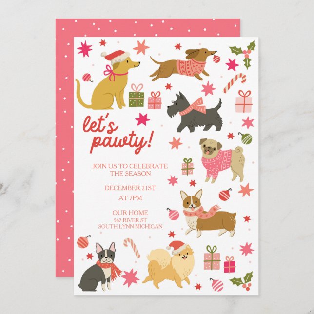 Festive Dogs Pink Christmas Party Invitation (Front/Back)