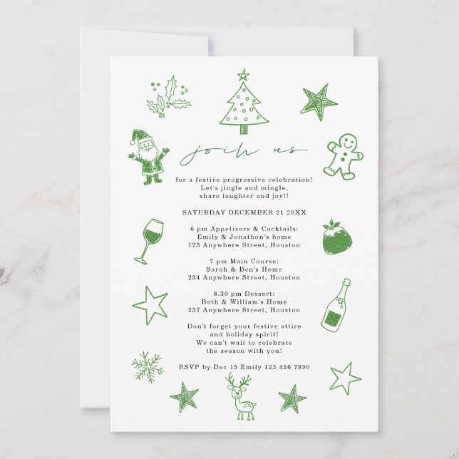 Festive Doodles Progessive Christmas Party Invitation (Front)