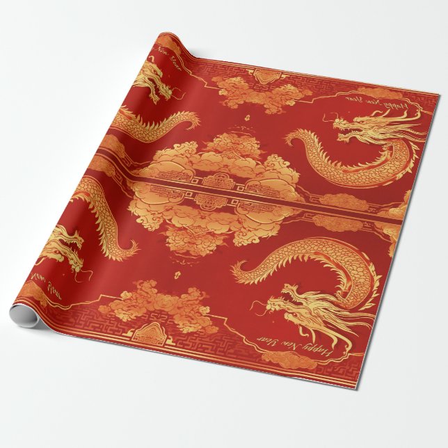 Festive Dragon Chinese New Year Wrapping Paper (Unrolled)