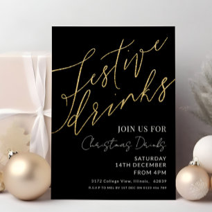 Festive Drinks Christmas Elegant Black and Gold Invitation