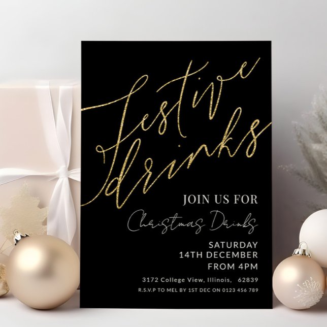 Festive Drinks Christmas Elegant Black and Gold Invitation (Creator Uploaded)