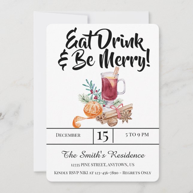 Festive Drinks Party Eat Drink & Be Merry! Invitation (Front)