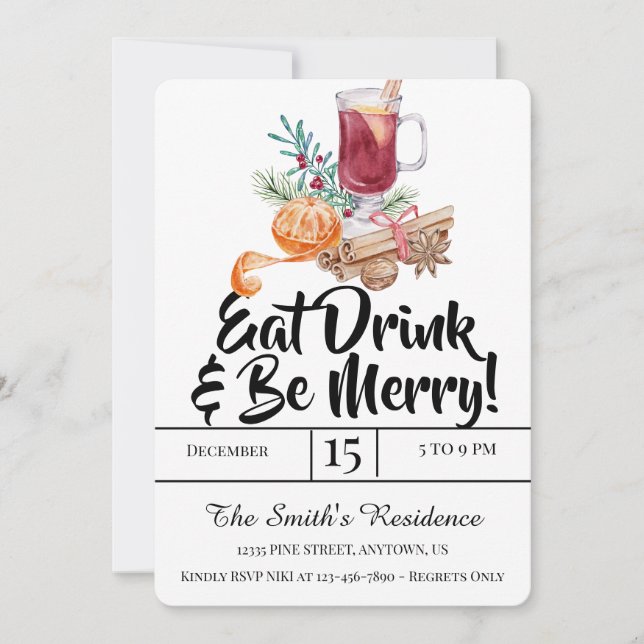 Festive Drinks Party Eat Drink & Be Merry! Invitation (Front)