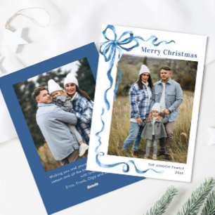 Festive Dusty Blue Christmas Bow Ribbon 2 Photo Holiday Card