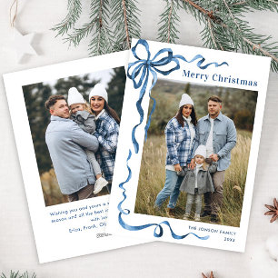 Festive Dusty Blue Christmas Bow Ribbon 2 Photo Holiday Card