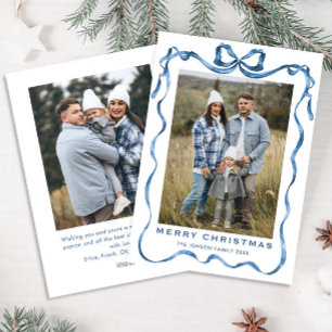 Festive Dusty Blue Christmas Bow Ribbon 2 Photo Holiday Card