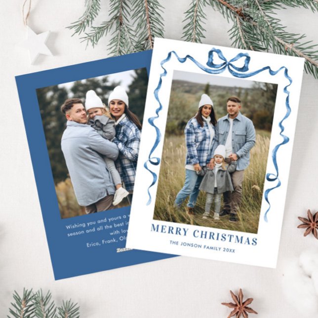 Festive Dusty Blue Christmas Bow Ribbon 2 Photo Holiday Card (Creator Uploaded)