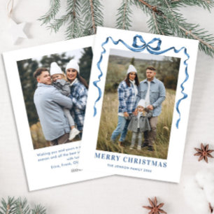 Festive Dusty Blue Christmas Bow Ribbon 2 Photo Holiday Card