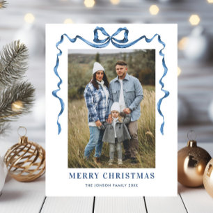 Festive Dusty Blue Christmas Bow Ribbon 2 Photo Postcard