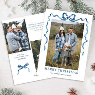 Festive Dusty Blue Christmas Bow Ribbon 3 Photo Holiday Card