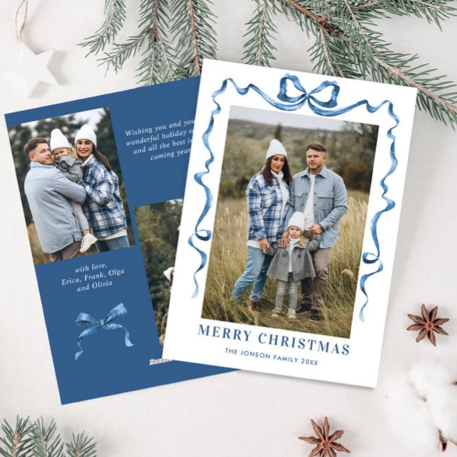 Festive Dusty Blue Christmas Bow Ribbon 3 Photo Holiday Card (Creator Uploaded)