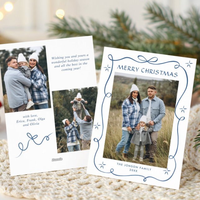 Festive Dusty Blue Christmas Bow Ribbon 3 Photo Holiday Card (Creator Uploaded)