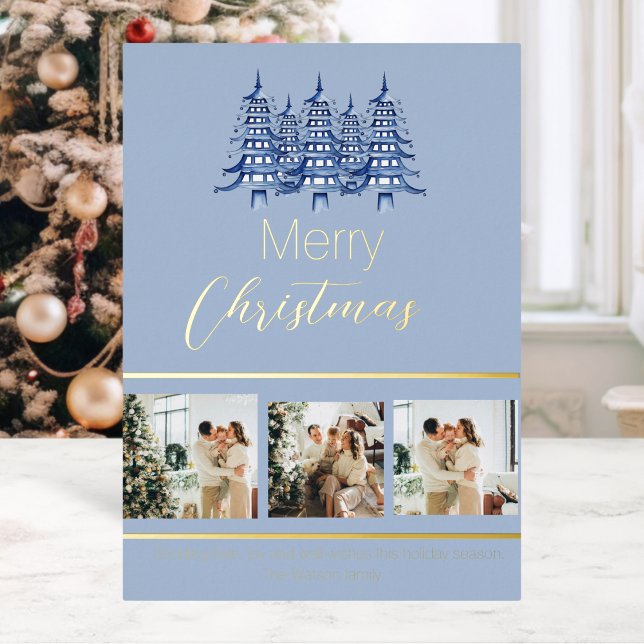 Festive Dusty Blue Christmas Pagoda Tree  (Festive Dusty Blue Christmas Pagoda Tree Foil Holiday Card)