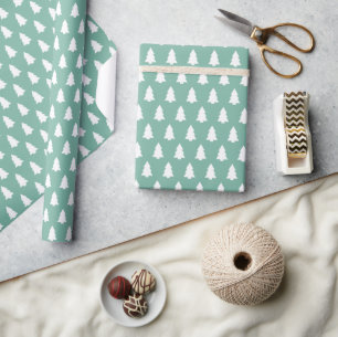 Festive Dusty Jade White Christmas Tree pattern Wrapping Paper