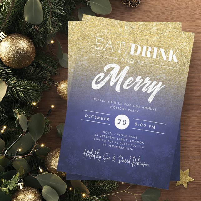 Festive Eat & Drink Gold Navy Holiday Xmas Party Invitation (Festive Eat & Drink Gold Navy Holiday Xmas Party Invitation)