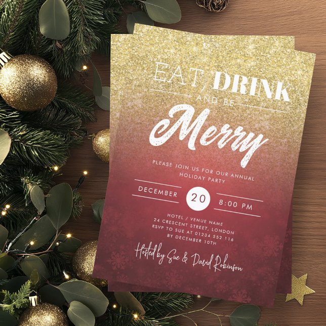 Festive Eat & Drink Gold Red Holiday Christmas  Invitation (Festive Eat & Drink Gold Red Holiday Christmas Invitation)