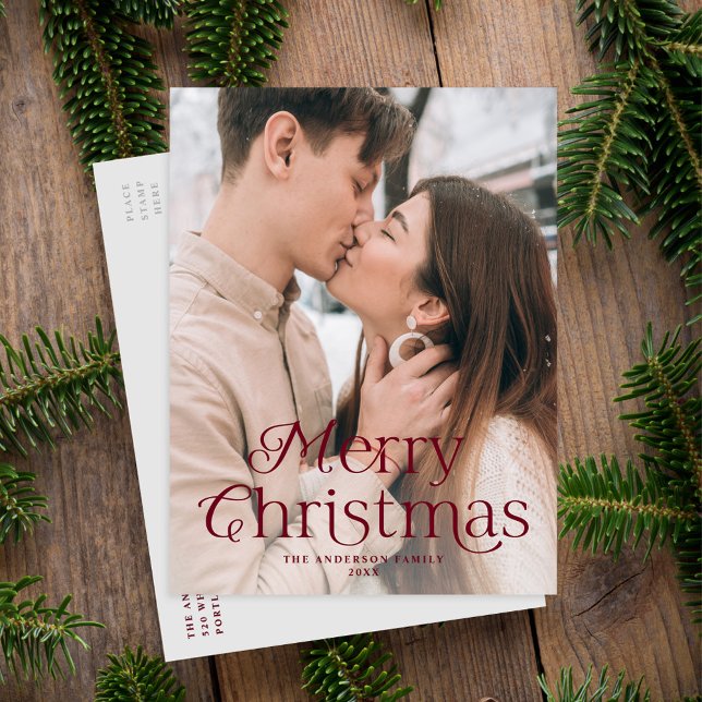Festive Elegance Burgundy Merry Christmas Photo Holiday Postcard (Creator Uploaded)