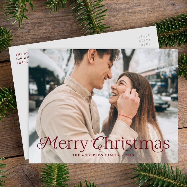 Festive Elegance Burgundy Merry Christmas Photo Holiday Postcard (Creator Uploaded)
