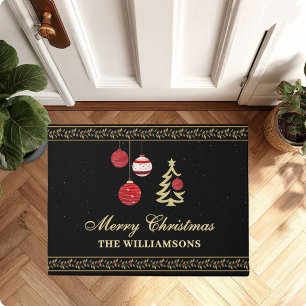 Festive Elegant Christmas Holiday Ornaments Name Doormat