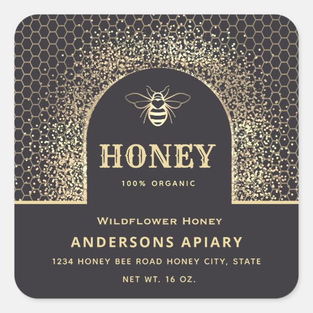 Festive elegant Modern gold honey bee honey jar Square Sticker (Front)