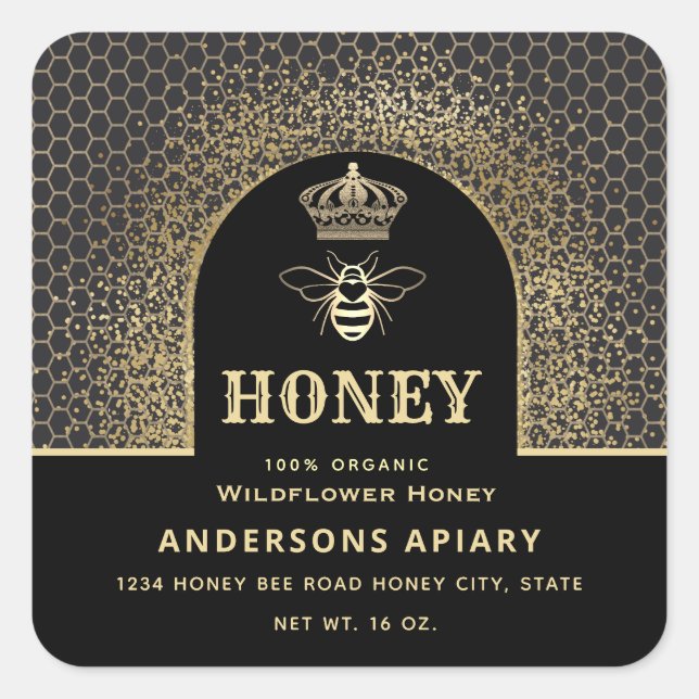 Festive elegant Modern gold queen bee honey jar Square Sticker (Front)