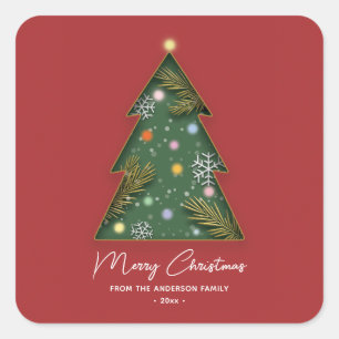 Festive Elegant Paper Cut Merry Christmas Tree Square Sticker