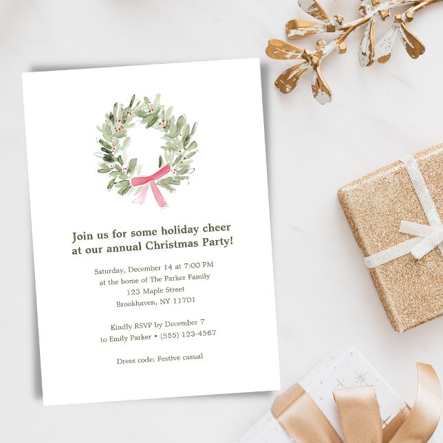 Festive Elegant Watercolor Wreath Holiday Party Invitation (Creator Uploaded)