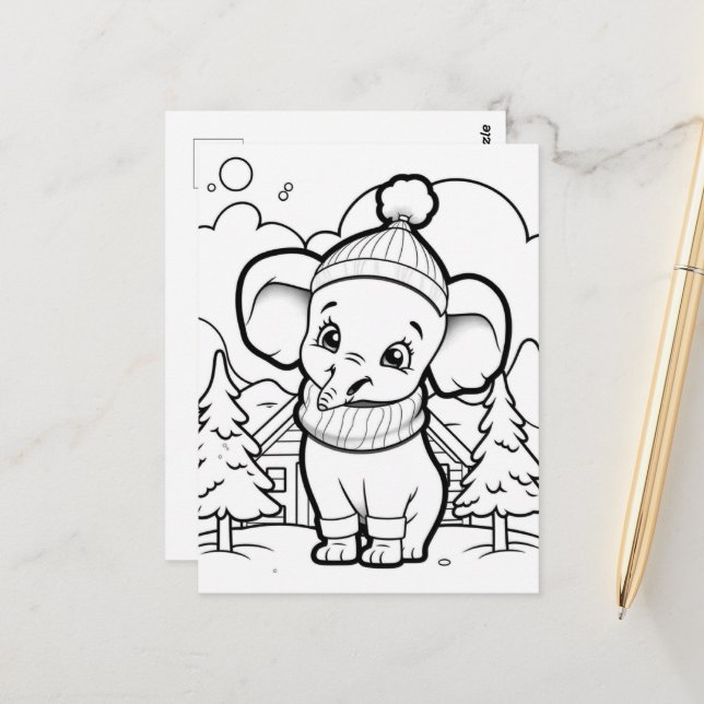 Festive elephant kids colouring   postcard (Front/Back In Situ)