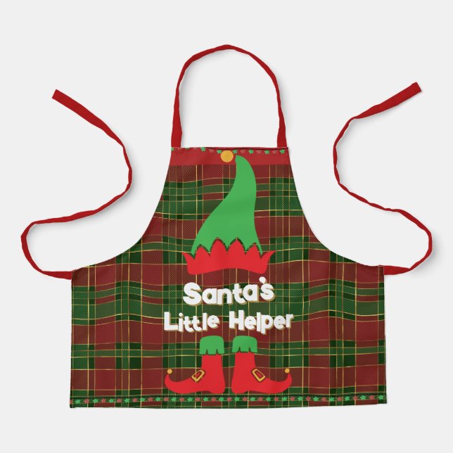 Festive Elf Santa's Little Helper Red Green Tartan Apron (Front)