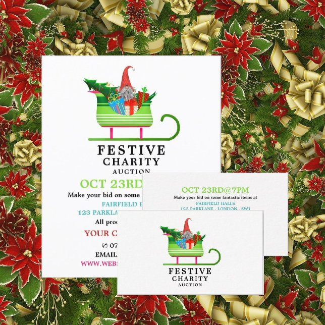 Festive Elf Sleigh, Festive Charity Auction Event Business Card (Creator Uploaded)