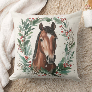 Festive Equestrian Horse Wreath Custom Text Cushion
